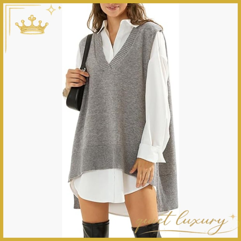 Oversized V-Neck Sweater Vest, Sleeveless Pullover Tank, Lightweight Knit